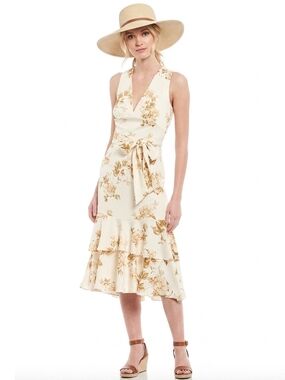 ANTONIO MELANI Cream Floral V-Neck Ruffle Hem Sash Belt Midi Dress